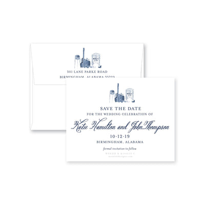 Weezie B. Designs | Birmingham Skyline in Watercolor Save-the-Date