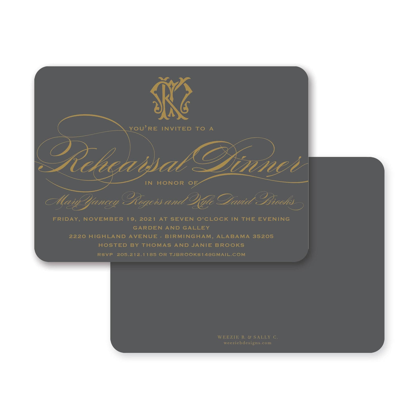 Weezie B. Designs | Classic Monogram & Gold Rehearsal Dinner