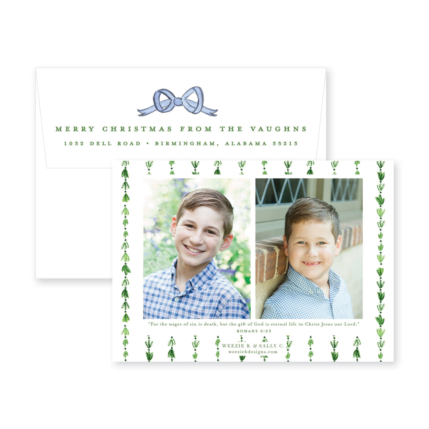 Dainty Greenery with Bow Horizontal Christmas Card