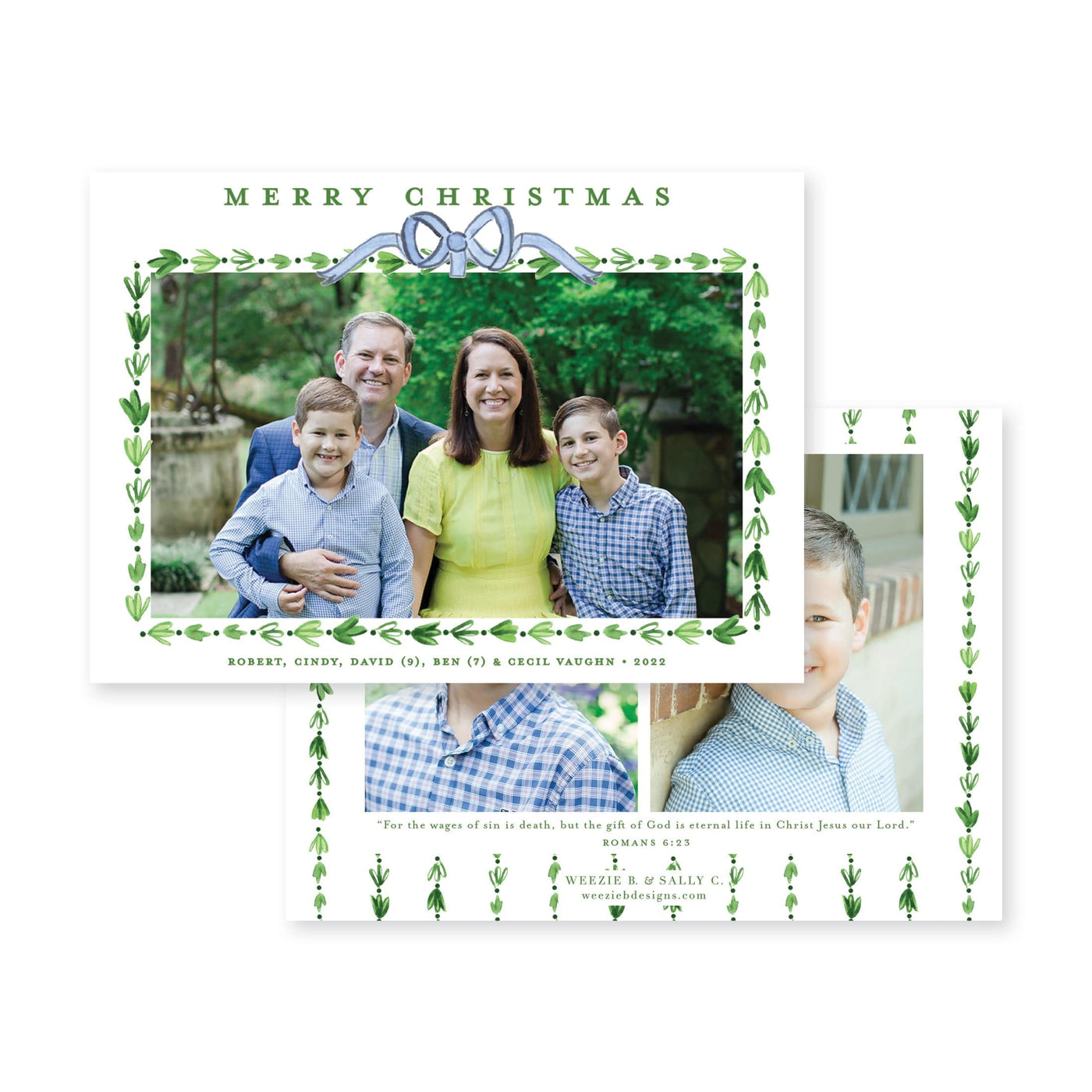 Dainty Greenery with Bow Horizontal Christmas Card
