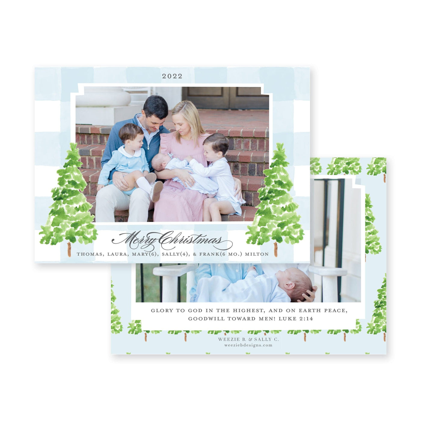 Watercolor Gingham with Evergreen Trees Horizontal Christmas Card