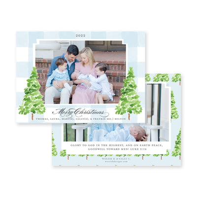 Watercolor Gingham with Evergreen Trees Horizontal Christmas Card