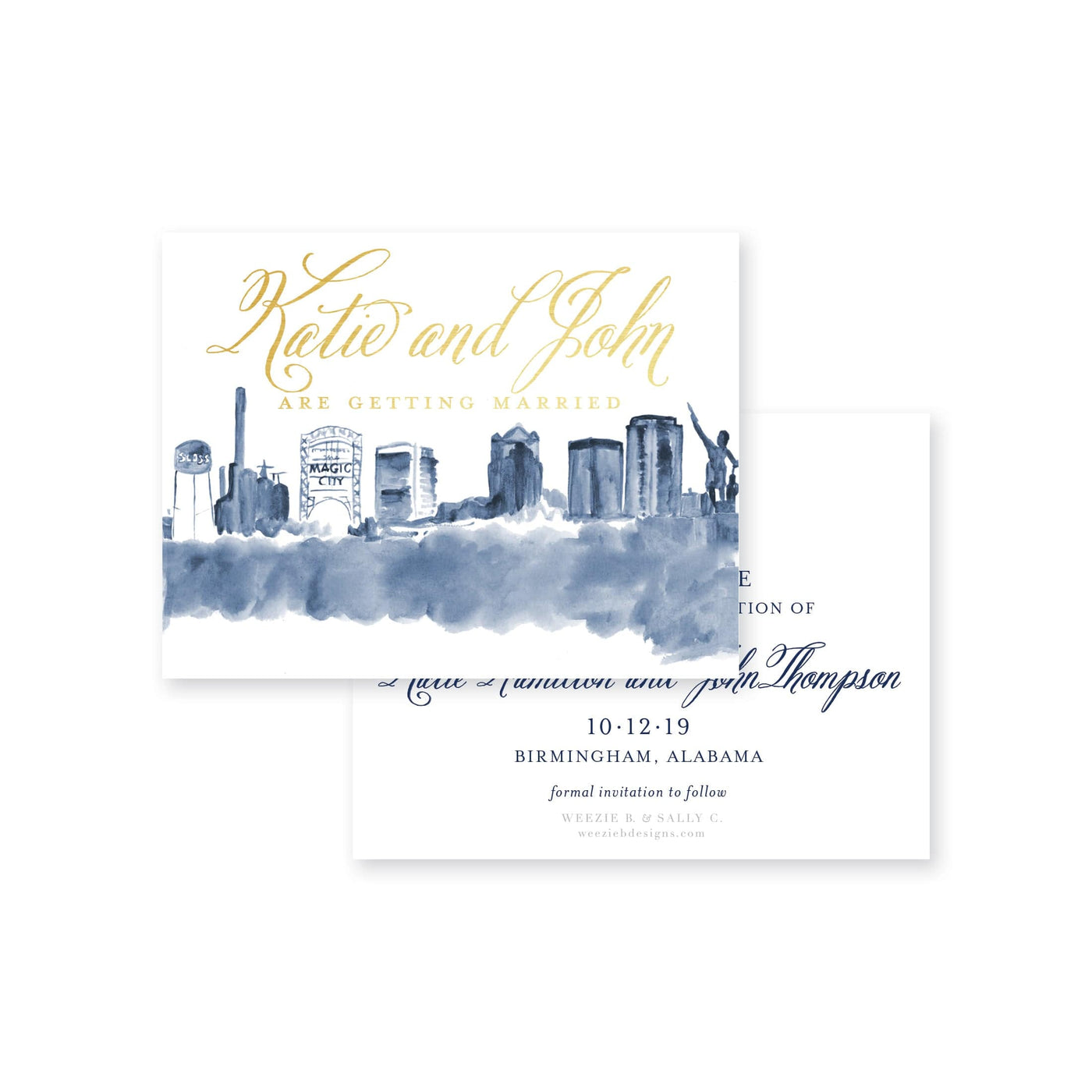 Weezie B. Designs | Birmingham Skyline in Watercolor Save-the-Date