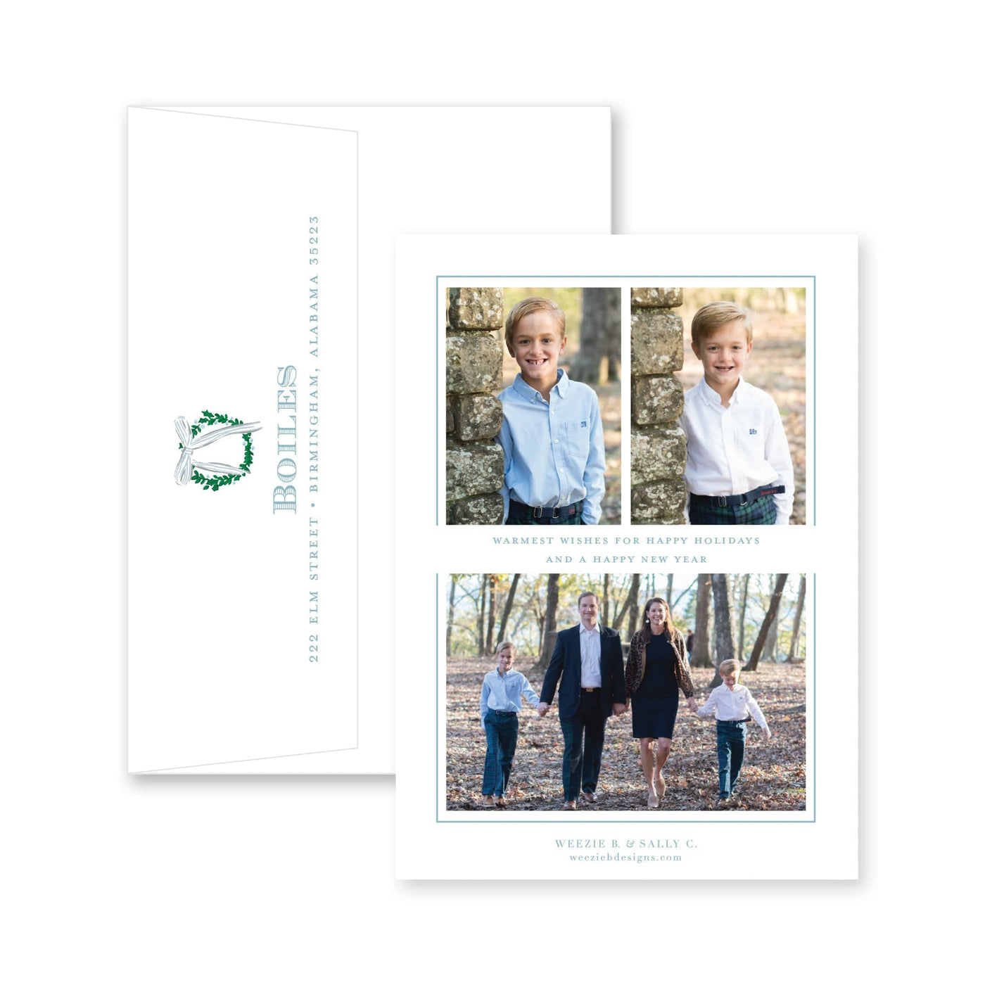 Simple Wreath with Blue Bow Vertical Christmas Card