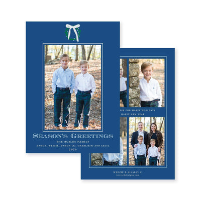 Simple Wreath with Blue Bow Vertical Christmas Card