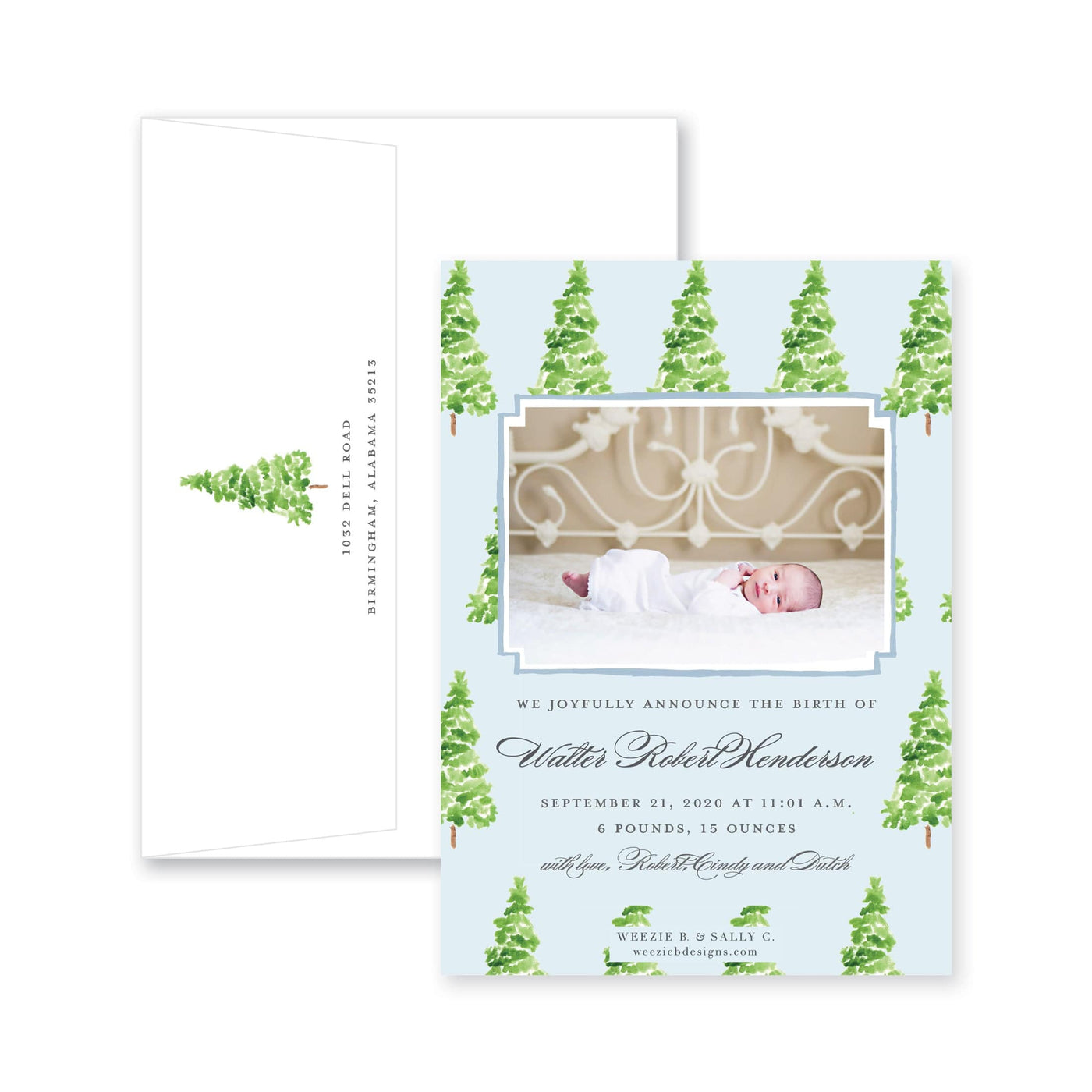 Watercolor Gingham with Evergreen Trees Birth Announcement Christmas Card