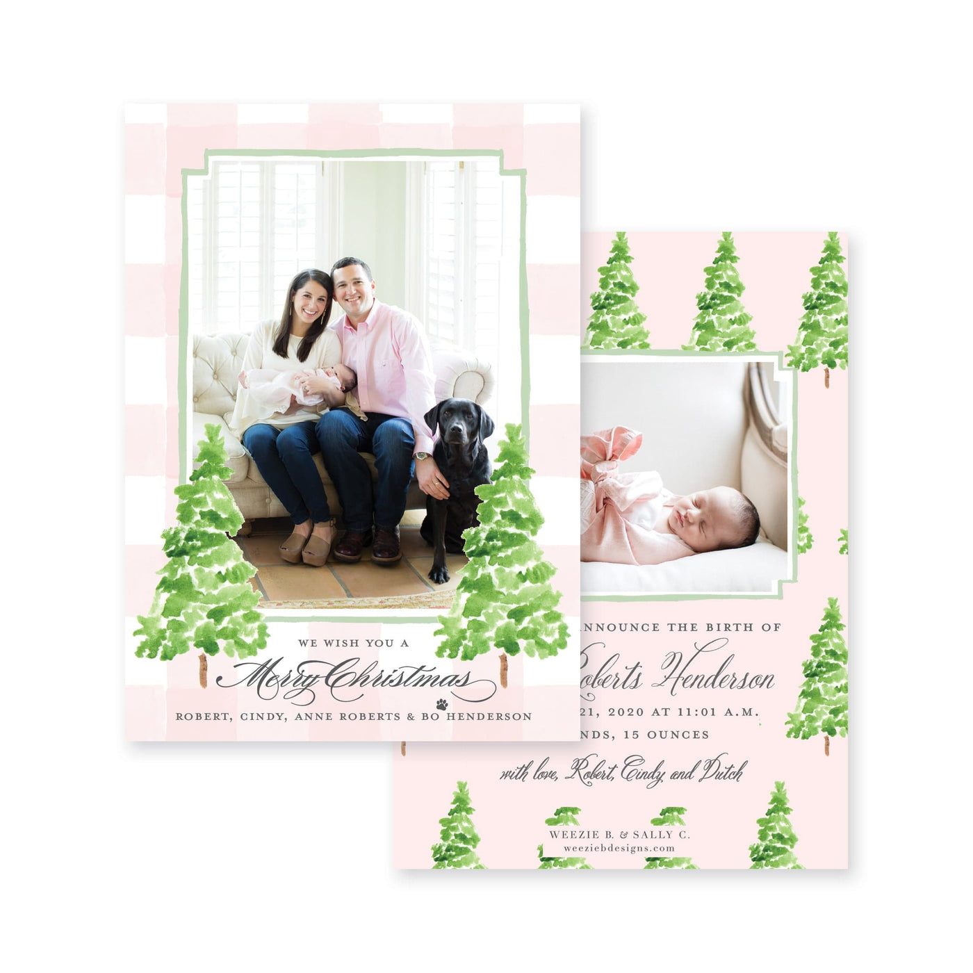 Watercolor Gingham with Evergreen Trees Birth Announcement Christmas Card