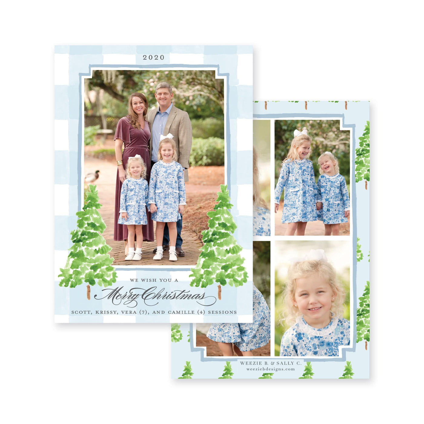 Watercolor Gingham with Evergreen Trees Vertical Christmas Card
