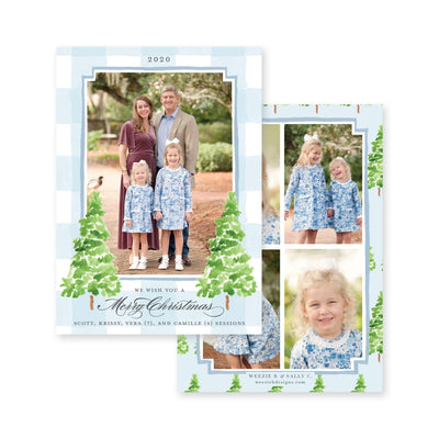 Watercolor Gingham with Evergreen Trees Vertical Christmas Card