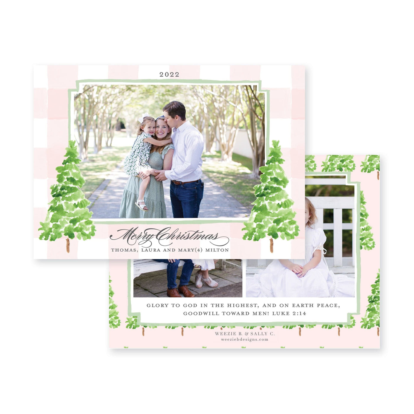 Watercolor Gingham with Evergreen Trees Horizontal Christmas Card