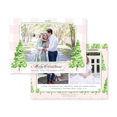 Watercolor Gingham with Evergreen Trees Horizontal Christmas Card