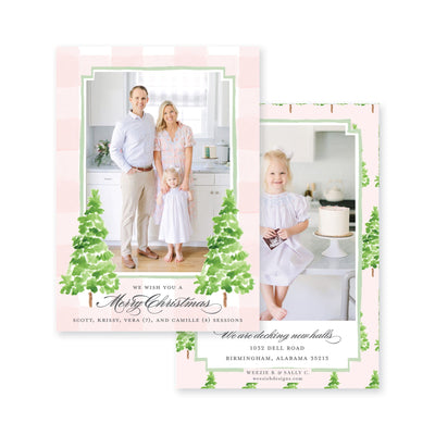 Watercolor Gingham with Evergreen Trees Vertical Christmas Card