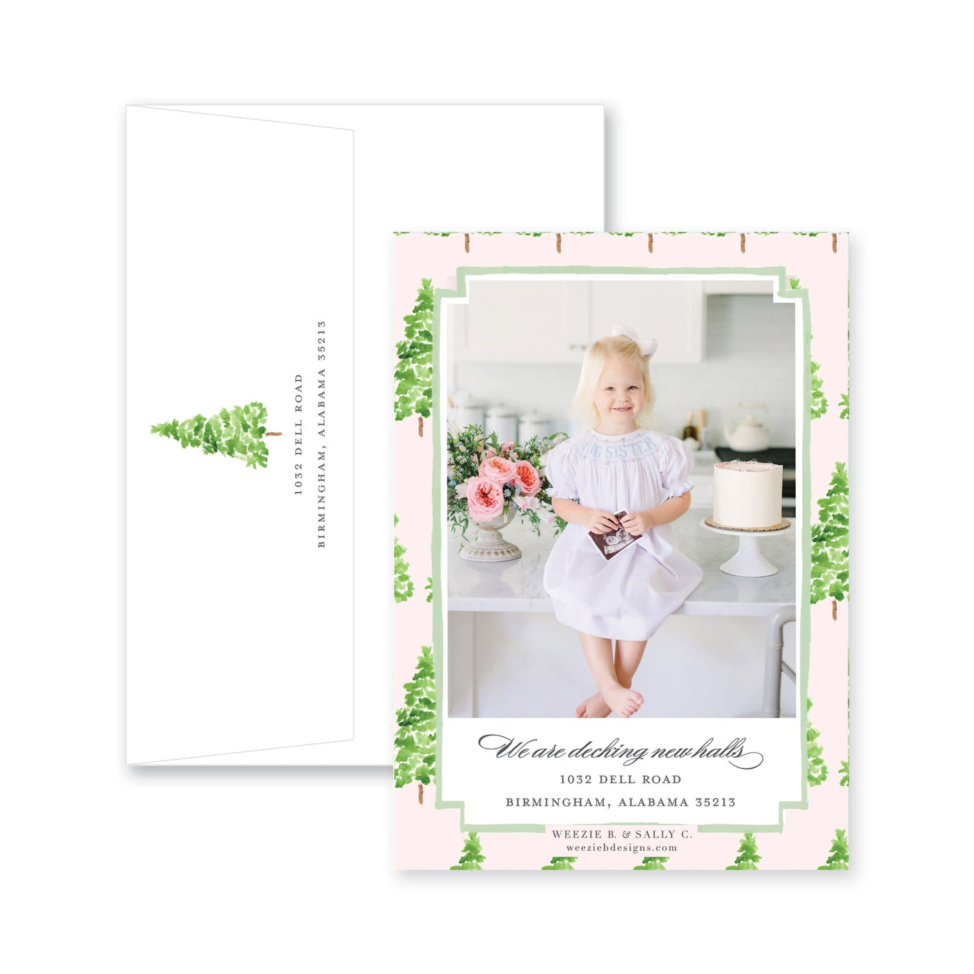 Watercolor Gingham with Evergreen Trees Vertical Christmas Card