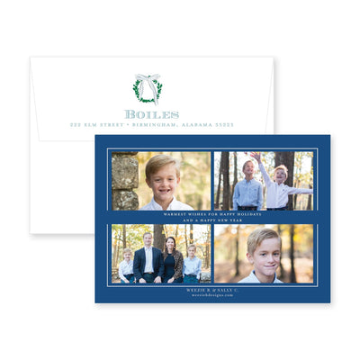 Simple Wreath with Blue Bow Horizontal Christmas Card