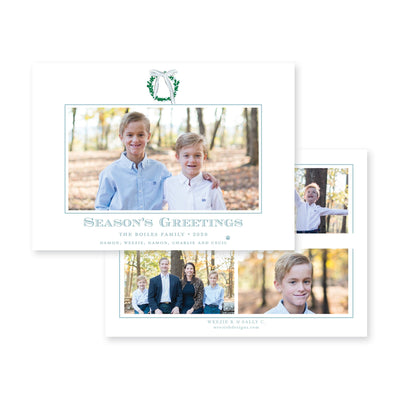 Simple Wreath with Blue Bow Horizontal Christmas Card