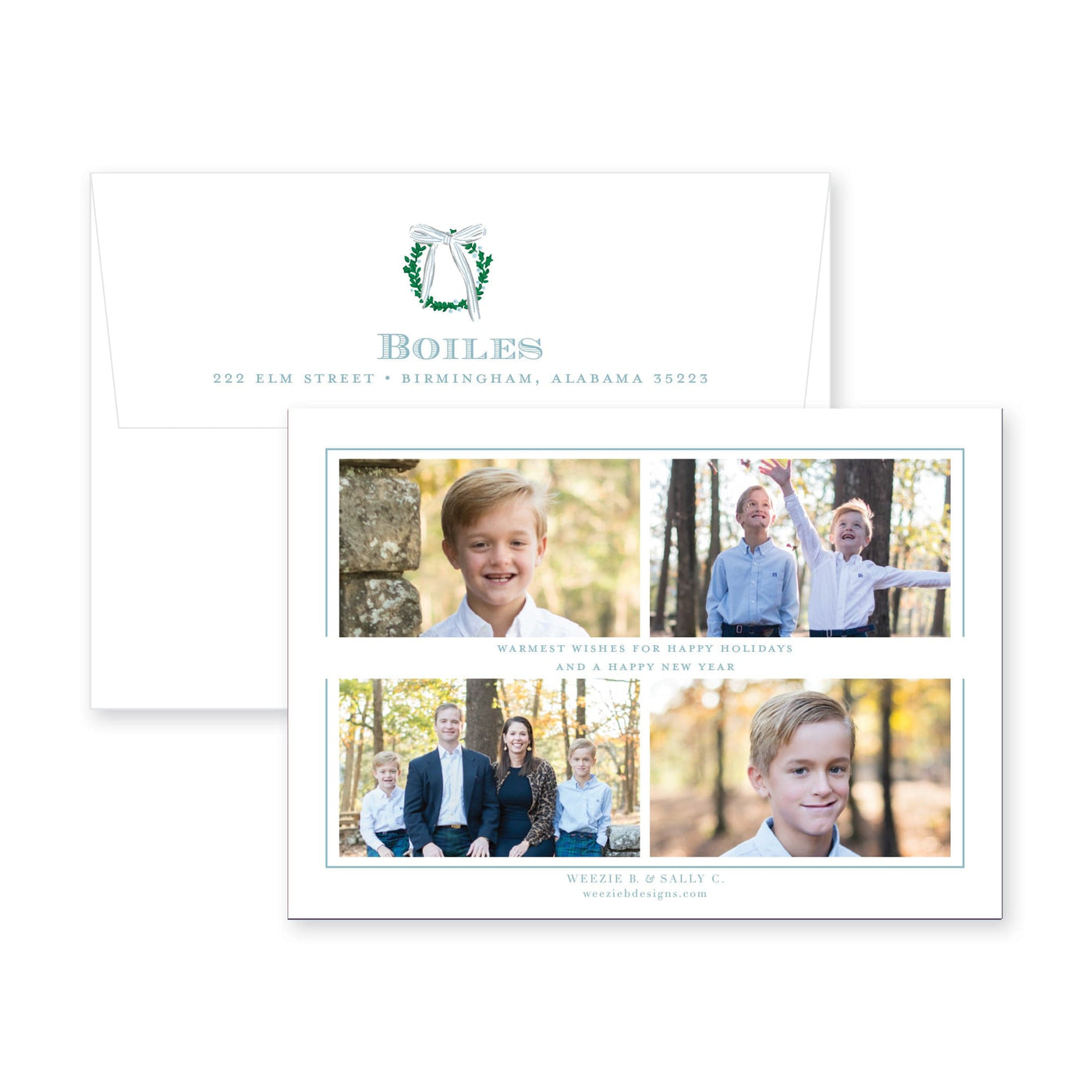 Simple Wreath with Blue Bow Horizontal Christmas Card