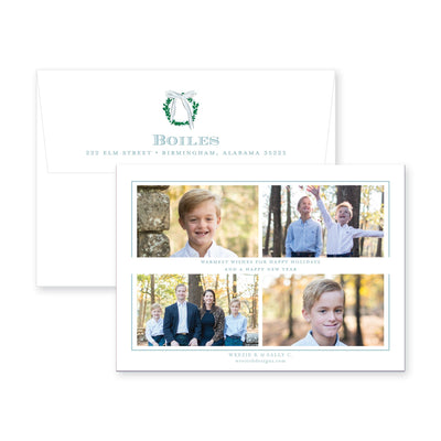 Simple Wreath with Blue Bow Horizontal Christmas Card