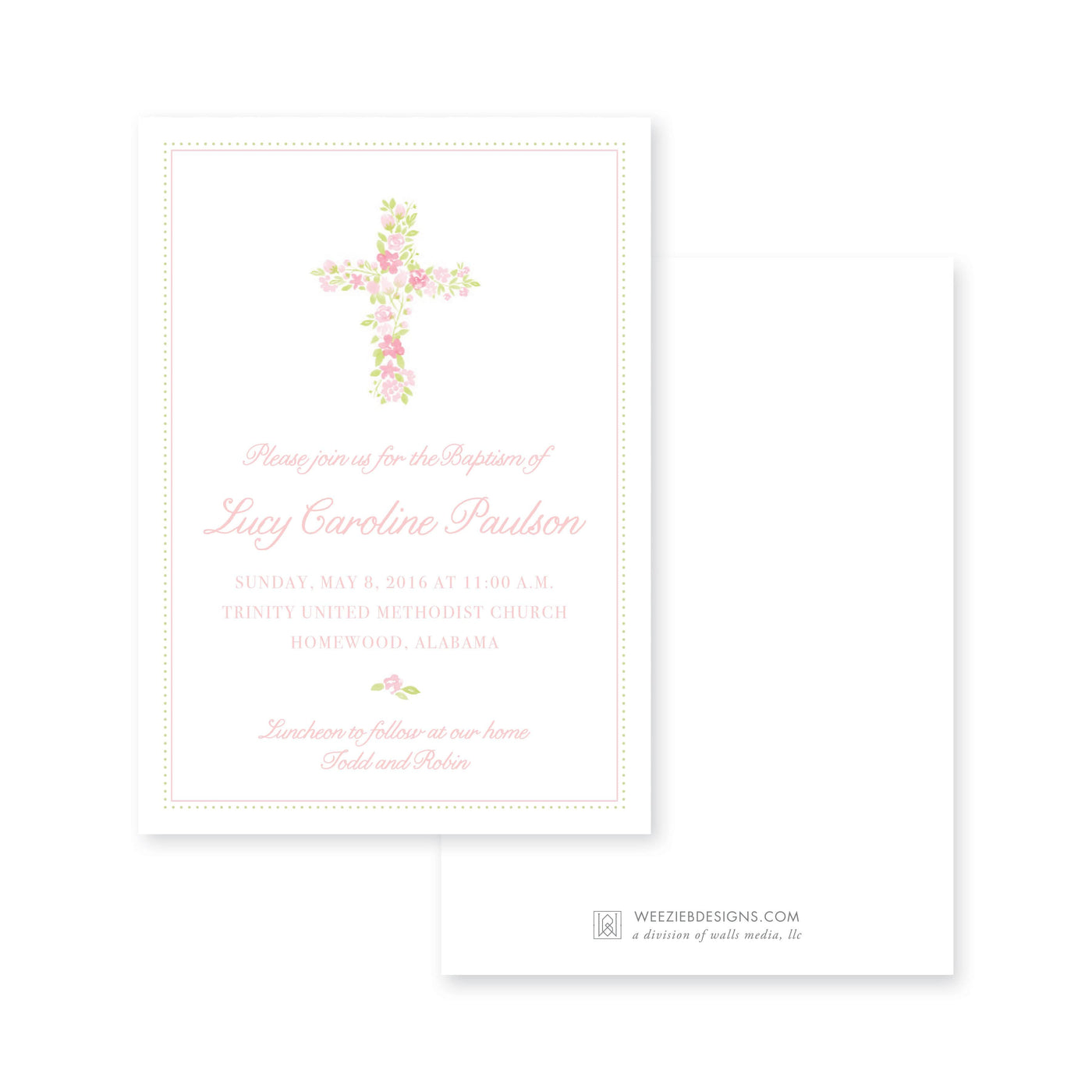 Weezie B. Designs | Watercolor Floral Cross Baptism Invitation