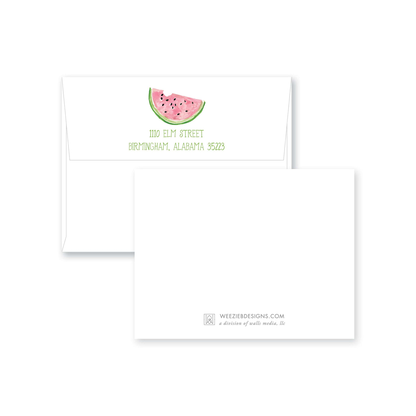 Weezie B. Designs | Watercolor Watermelon Personalized Flat Note Card