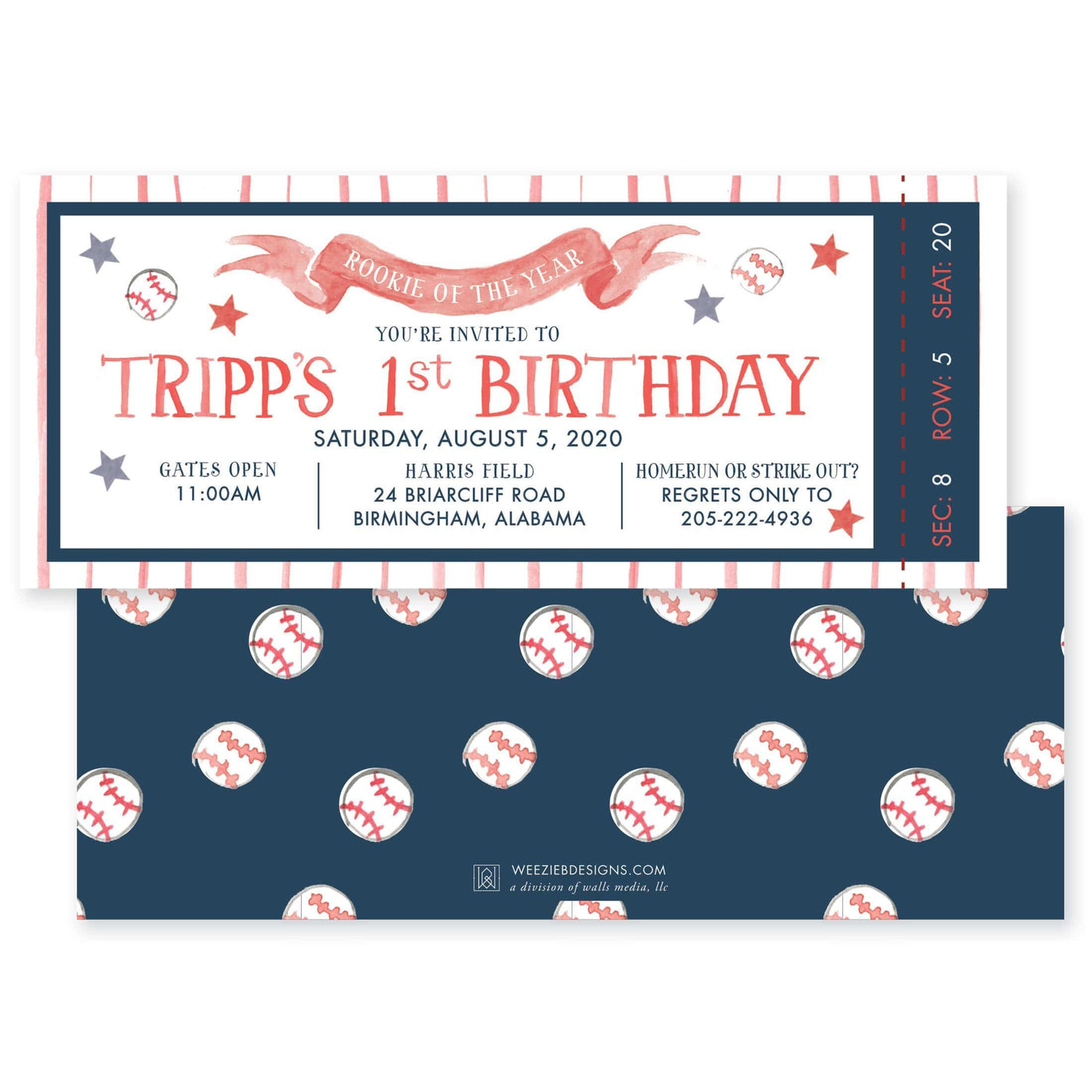 Weezie B. Designs | Baseball - Rookie of the Year Birthday Invitation