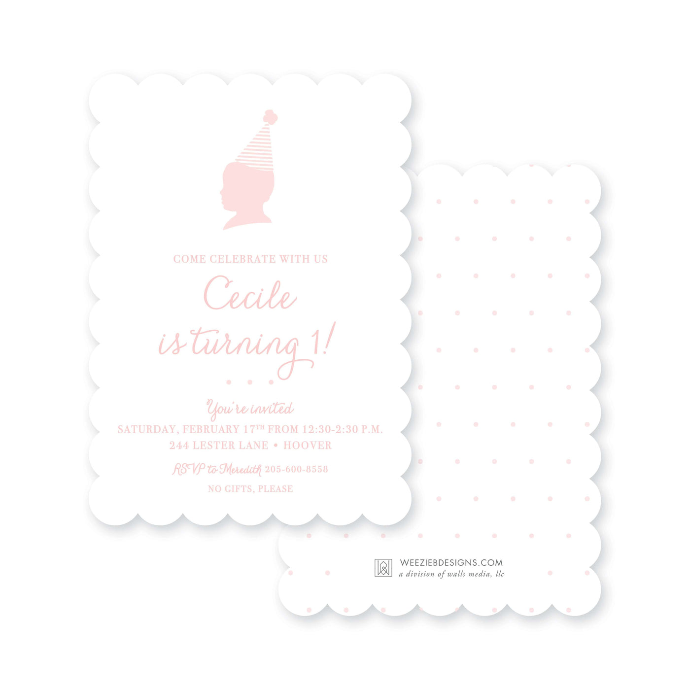 Weezie B. Designs | Silhouette in a Party Hat First Birthday Invitation
