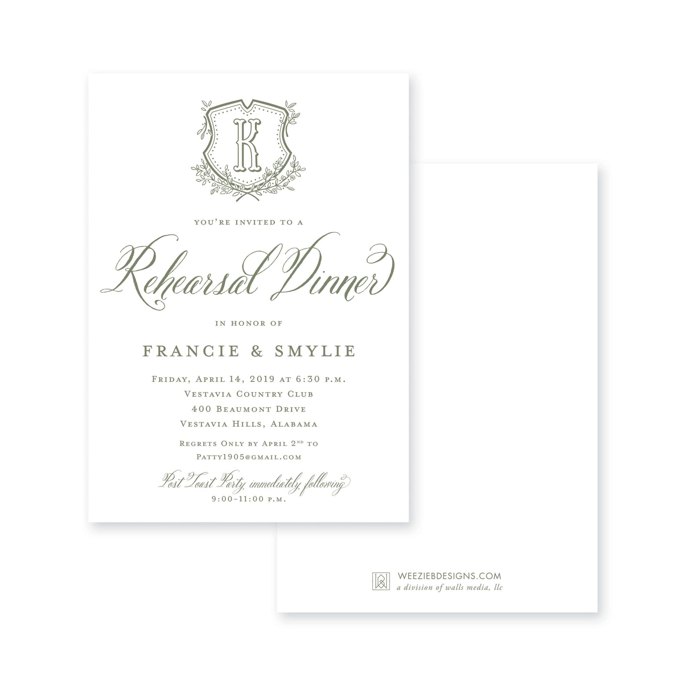 Weezie B. Designs | Floral Crest & Monogram Rehearsal Dinner Invitation