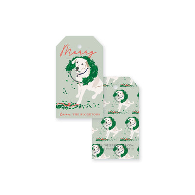 Weezie B. Designs |  Illustrated Dog Chewing Wreath Gift Tags